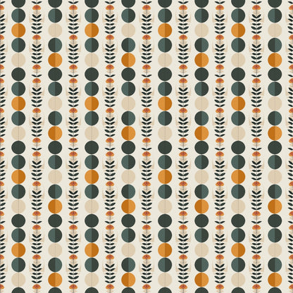 Pattern with vertical rows of alternating dark green and orange circles, interspersed with fern-like leaf designs, on a light background.