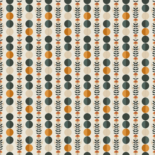 Pattern with vertical rows of alternating dark green and orange circles, interspersed with fern-like leaf designs, on a light background.