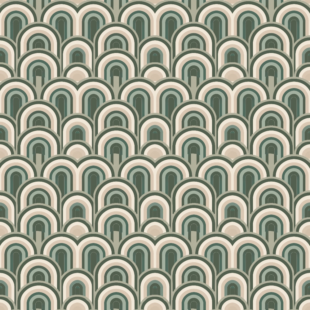 A repeating pattern of semi-circular designs in shades of green and beige, resembling overlapping arches.