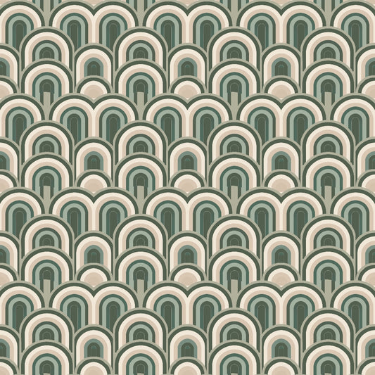 A repeating pattern of semi-circular designs in shades of green and beige, resembling overlapping arches.