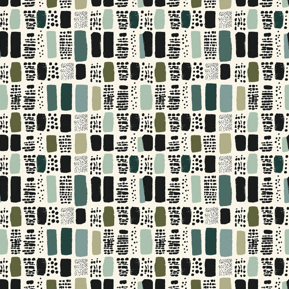 Pattern of rectangles and dots in green, black, and gray on a light background, arranged in a grid-like formation.