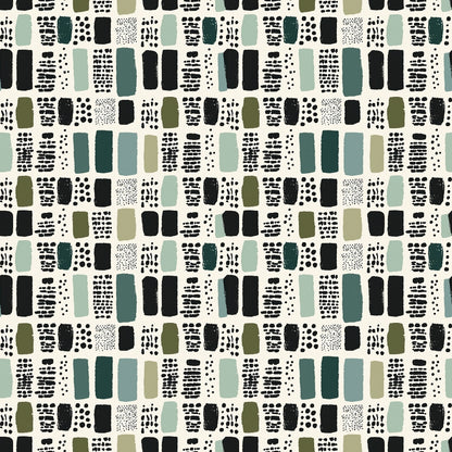 Pattern of rectangles and dots in green, black, and gray on a light background, arranged in a grid-like formation.