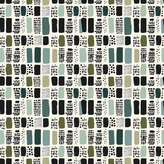 Pattern of rectangles and dots in green, black, and gray on a light background, arranged in a grid-like formation.