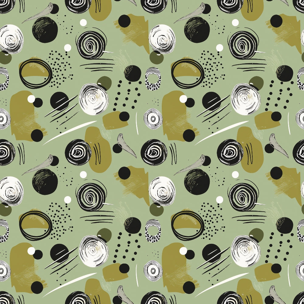 Green background with abstract black, white, and olive green shapes including circles, swirls, dots, and brushstrokes, creating a seamless repeating pattern.