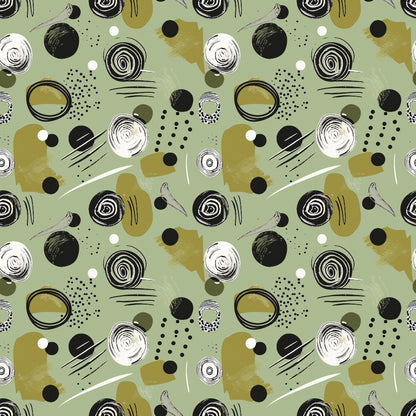 Green background with abstract black, white, and olive green shapes including circles, swirls, dots, and brushstrokes, creating a seamless repeating pattern.