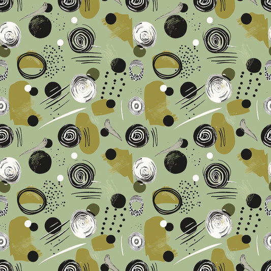 Green background with abstract black, white, and olive green shapes including circles, swirls, dots, and brushstrokes, creating a seamless repeating pattern.