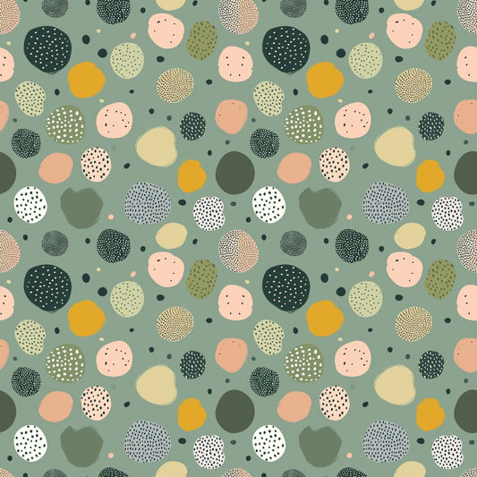 Abstract pattern of variously colored and textured circles on a green background.