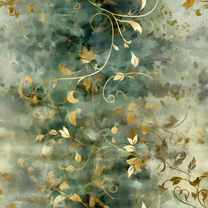 Sage Green and Gold Grunge Damask Pattern 7 Quilting Cotton Fabric