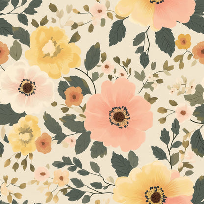 Sage Green and Peach Floral Pattern 2 Quilting Cotton Fabric