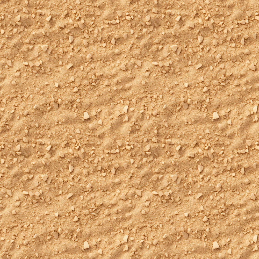 A close-up view of textured sandy ground with small rocks scattered across the surface.