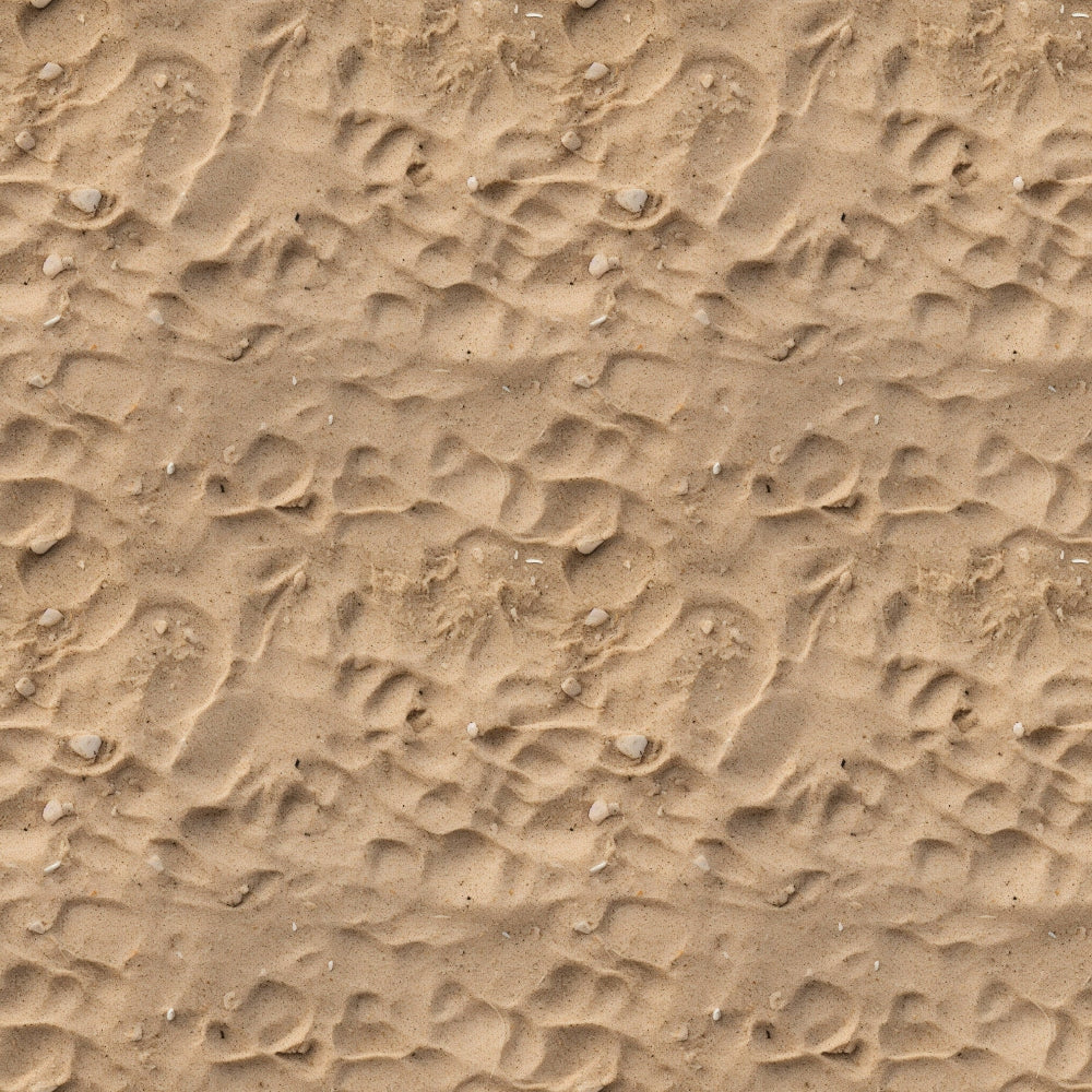 Smooth sand with scattered small rocks and subtle wave-like patterns.