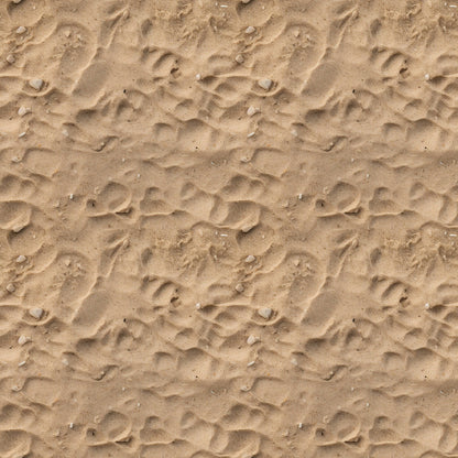 Smooth sand with scattered small rocks and subtle wave-like patterns.