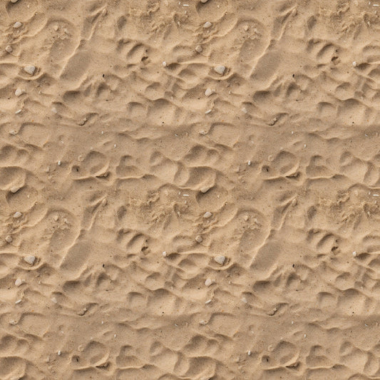 Smooth sand with scattered small rocks and subtle wave-like patterns.