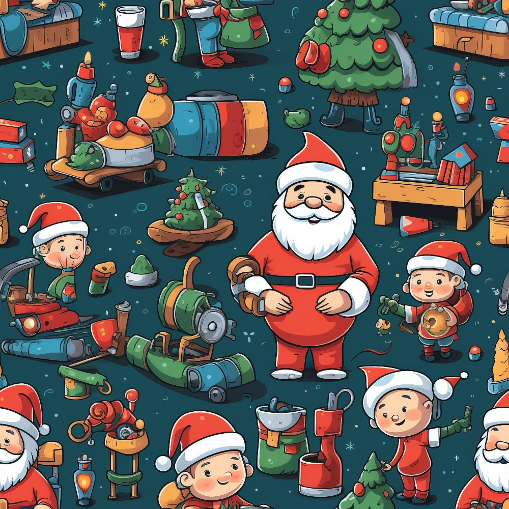 Festive cartoon scene with Santa, elves, gifts, machinery, and a decorated Christmas tree on a dark background.