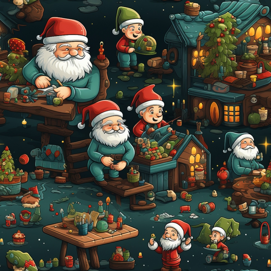 Santa Claus and elves are making toys at a workshop. Various tools, toys, and festive decorations are scattered around. The scene depicts a busy, cheerful Christmas preparation.