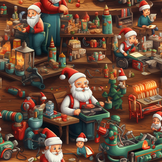 Santa and elves working in a detailed, busy workshop filled with toys, gadgets, and Christmas decorations.