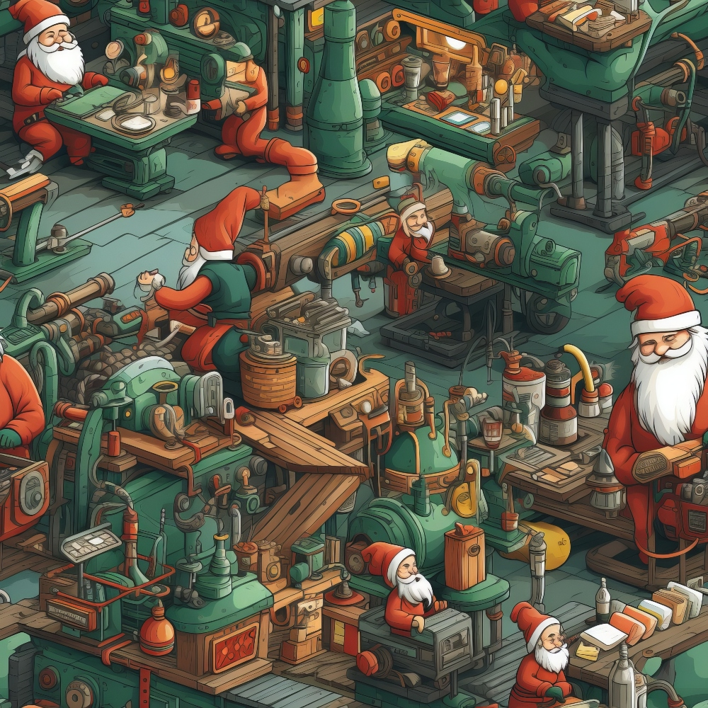 Illustration of Santa figures working at complex machinery with levers and gears, in a workshop setting.