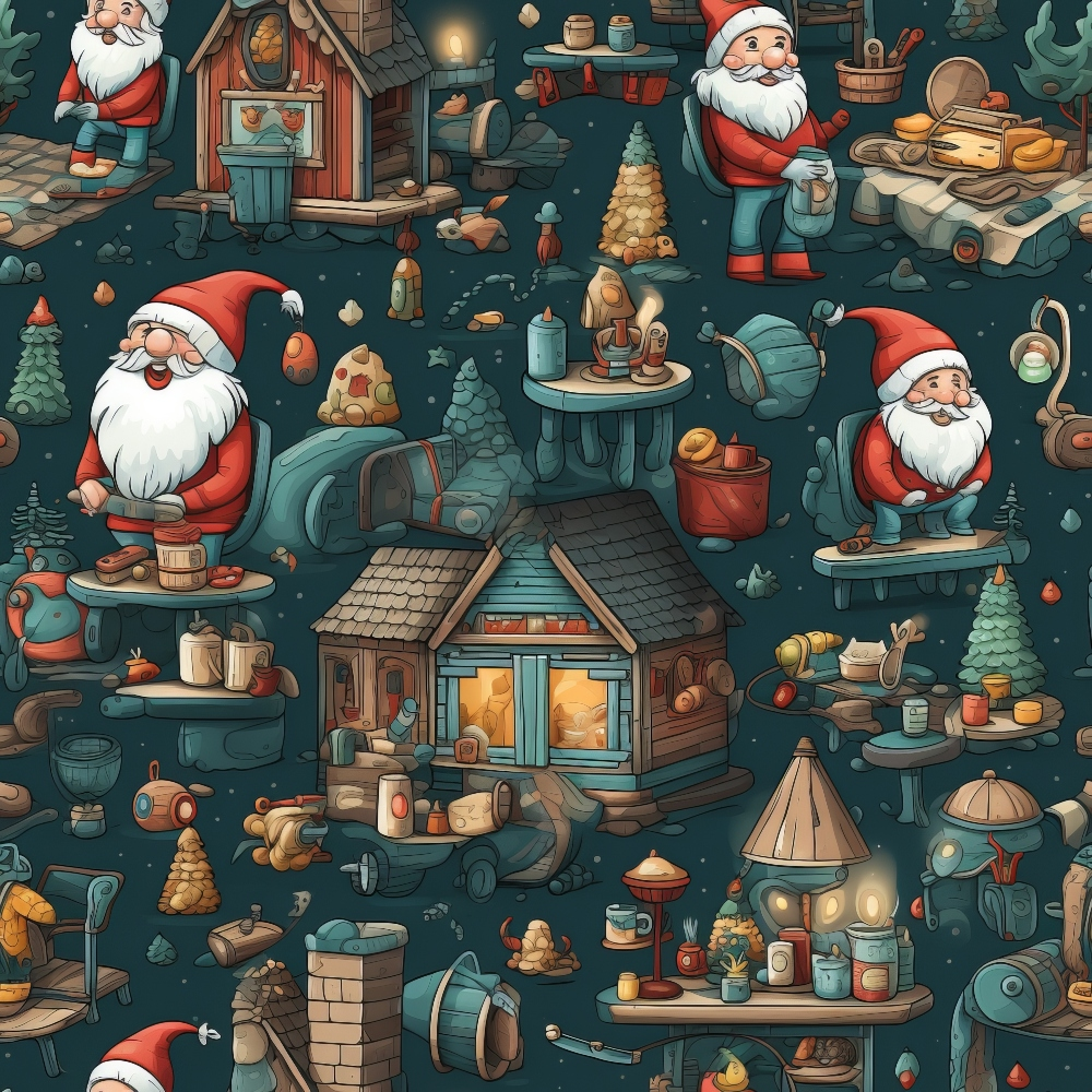 A whimsical pattern featuring Santa Claus figures, cozy cottages, and various festive items on a dark background.