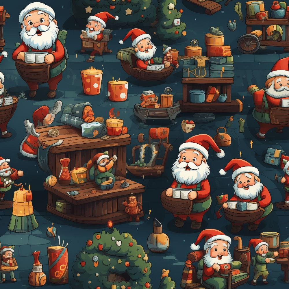 Pattern of cartoon Santas with gifts and festive objects, including trees, wreaths, and candles, scattered across a dark background.