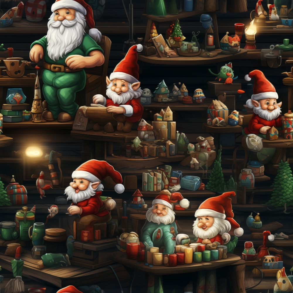 Cartoon elves in red hats crafting toys in a cozy workshop filled with shelves of colorful toys and festive decorations.