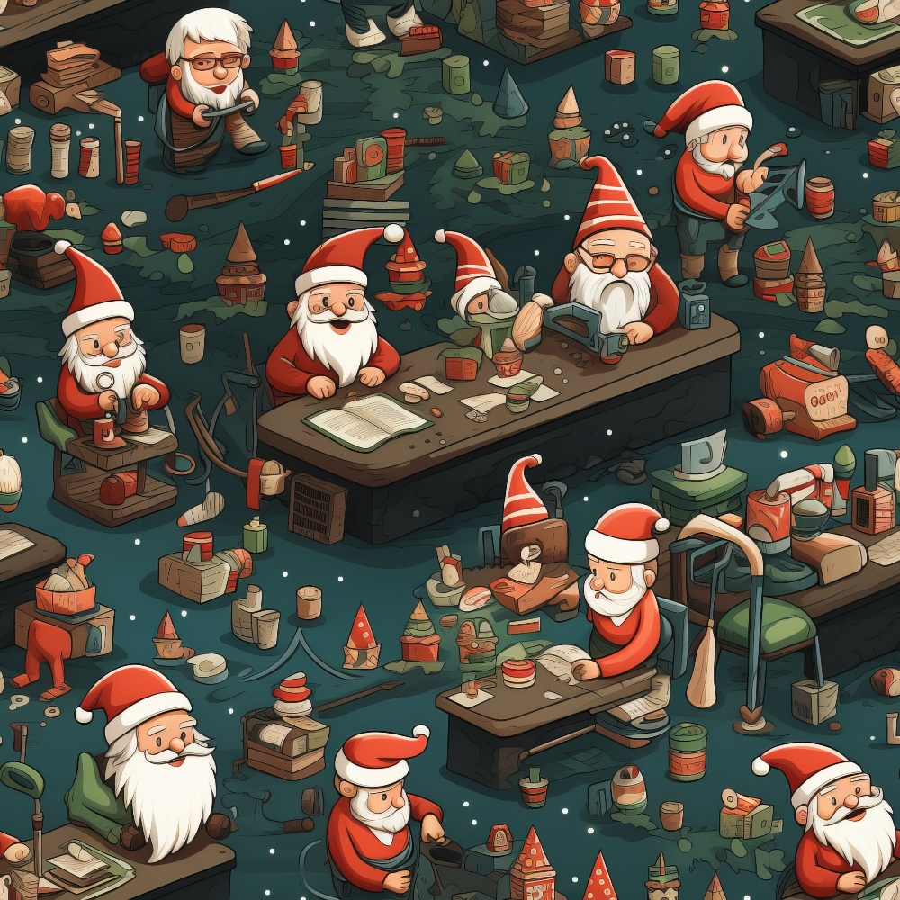 Cartoon elves in Santa hats are busy working at desks, surrounded by toys and decorations, in a workshop filled with various tools and materials.