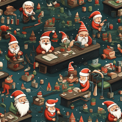 Cartoon elves in Santa hats are busy working at desks, surrounded by toys and decorations, in a workshop filled with various tools and materials.