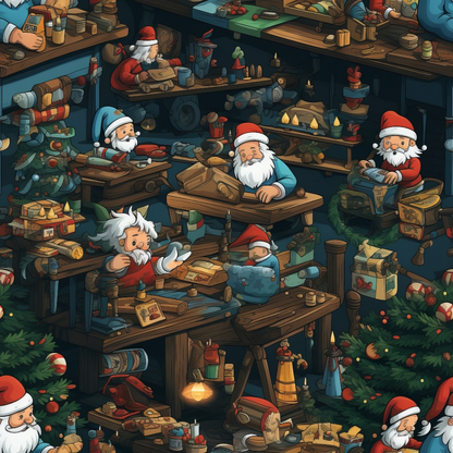 Illustration of Santas workshop with elves crafting toys among Christmas trees, gifts, and festive decorations. Multiple workstations are filled with activity.