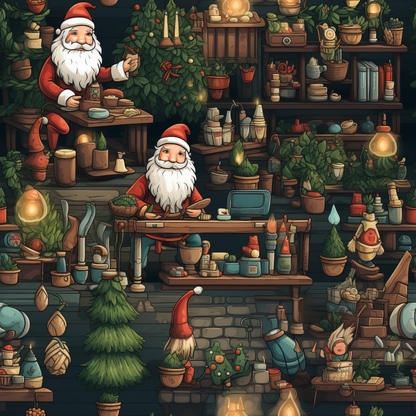 Two elves in Santa hats work in a cozy workshop filled with Christmas decorations, plants, and tools. One elf sits on a shelf; the other stands at a workbench, surrounded by festive items.