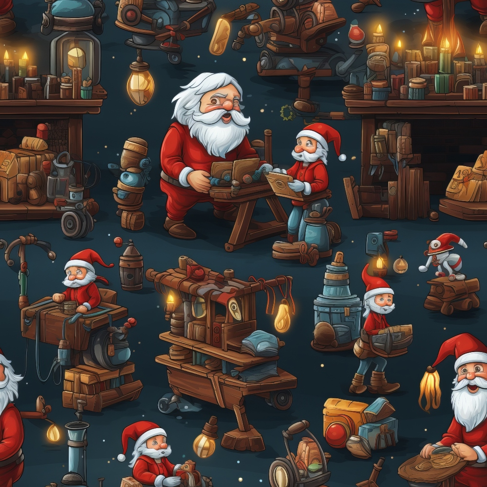 Santa and elves work on wooden toys in a workshop. Shelves filled with tools and gadgets surround them.