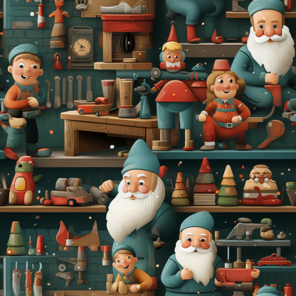 A workshop scene with toy-making elves, tools, and toys on shelves. The elves have varied expressions and are engaged in different activities.