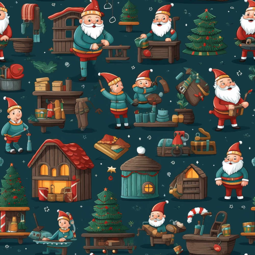 Seamless pattern of Santa and elves preparing Christmas gifts, with toys, tools, and festive decorations on a dark background.