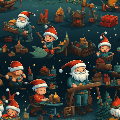 Cartoon elves in Santa hats working on toys and gifts in a festive workshop scene with candles and tools.