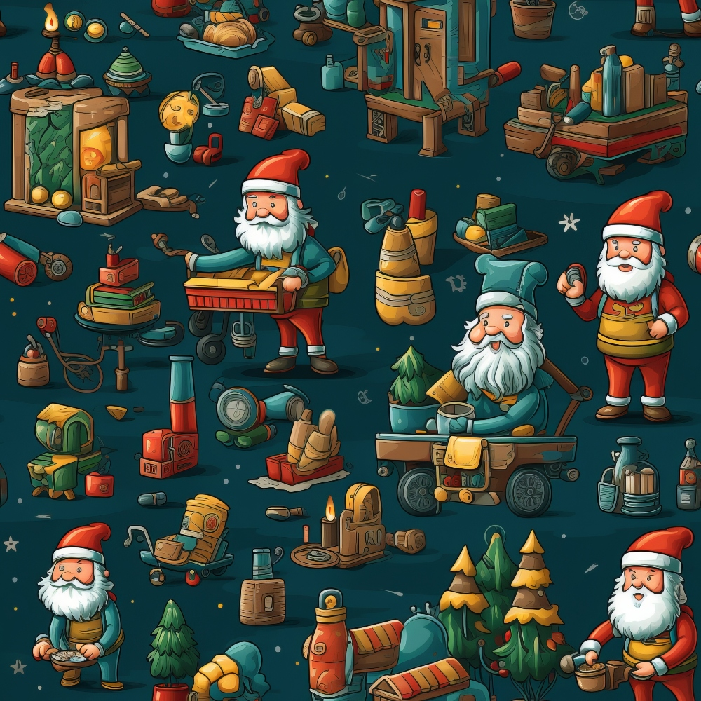 Cartoon illustration of elves with various tools, gifts, and machinery on a dark background, suggesting a festive workshop theme.