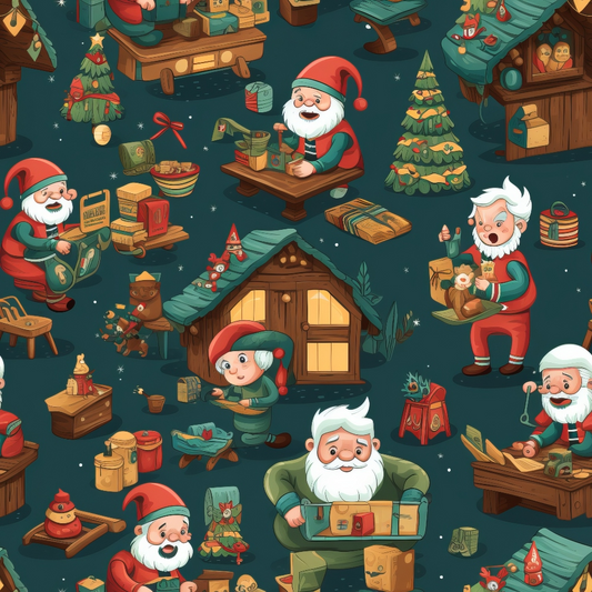 Festive illustration depicting Santa and elves crafting toys, wrapping gifts, and decorating a Christmas tree in a workshop setting with a house and snowy backdrop.