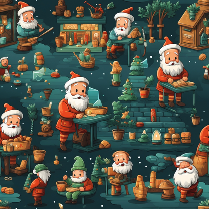 Santa Claus and elves in a whimsical workshop setting, surrounded by toys, Christmas trees, and festive decorations. Various actions include crafting, painting, and preparing gifts.