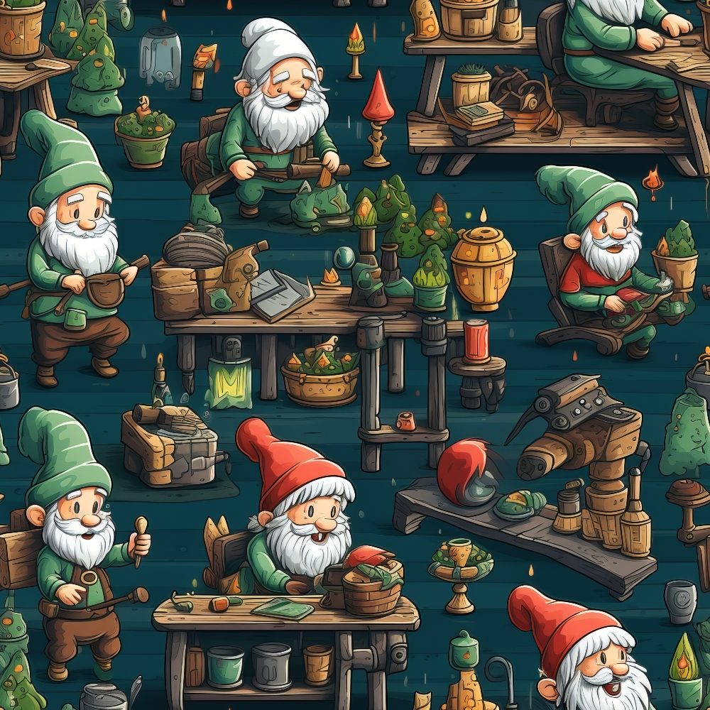 Seamless pattern of cartoon gnomes working on crafts and tasks at wooden tables with tools, lanterns, and decorations.