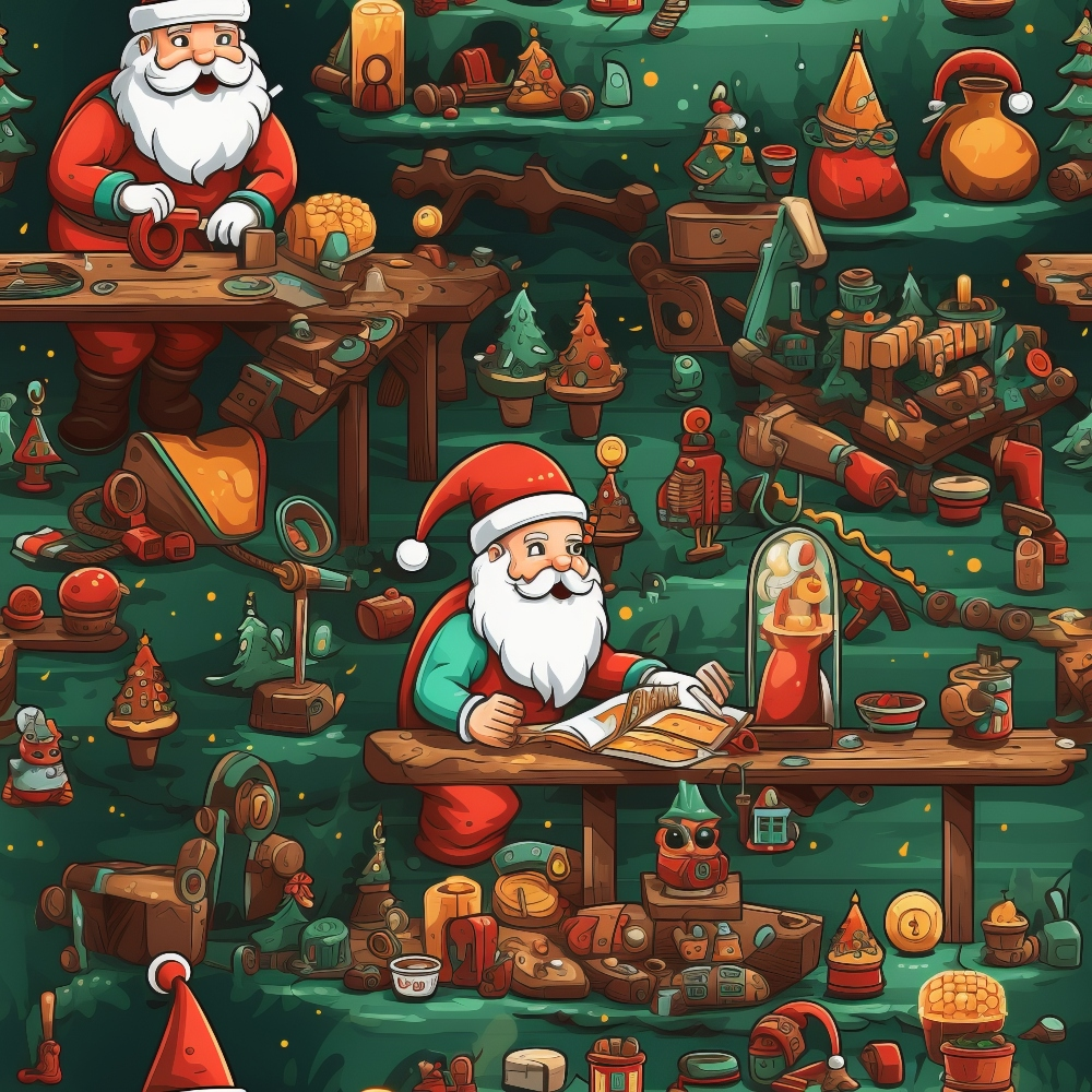 Santa and elves in a workshop surrounded by toys, tools, and Christmas decorations, working on gifts at wooden tables.