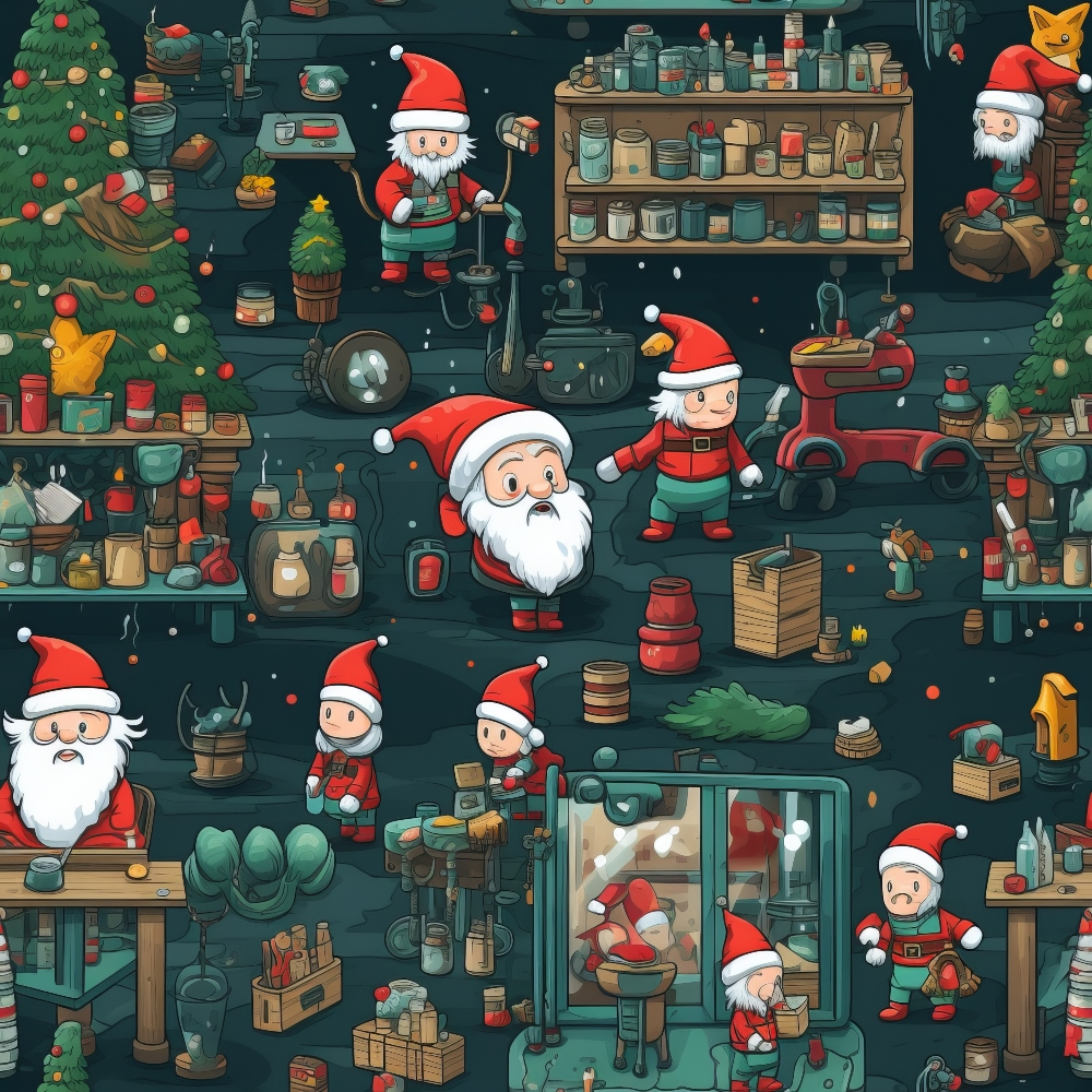 Cartoon of Santa in a workshop with elves, tools, and Christmas decorations. Santa is seen in various activities like reading, crafting, and examining items.