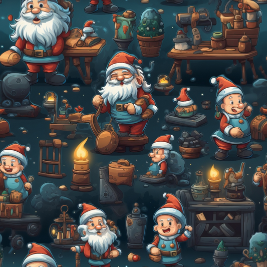 Seamless pattern featuring Santa Claus and elves engaged in crafting activities, surrounded by tools, toys, and festive decor on a dark background.