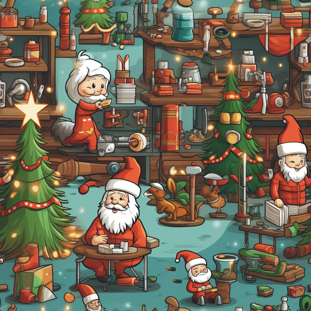 Illustration of Santa and elves in a workshop with tools, Christmas trees, and gifts. Festive scene features various activities like crafting and decorating. Vibrant holiday atmosphere.