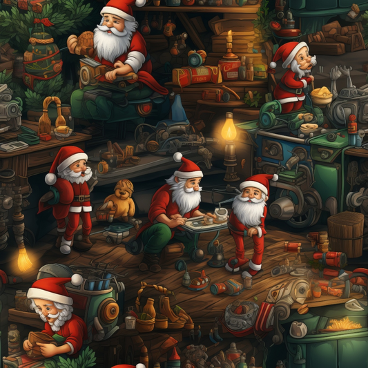 Santa Claus and elves in a workshop surrounded by toys, tools, and holiday decorations, working diligently on various projects.