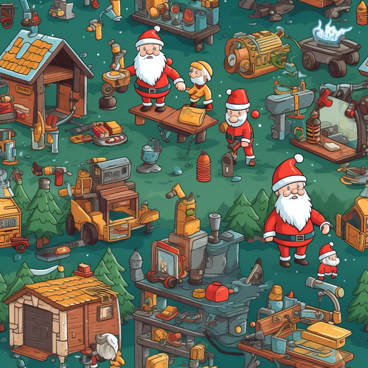 Illustration of Santa and elves preparing toys in a workshop filled with tools, machines, and wooden structures, set in a wintery landscape with evergreen trees.