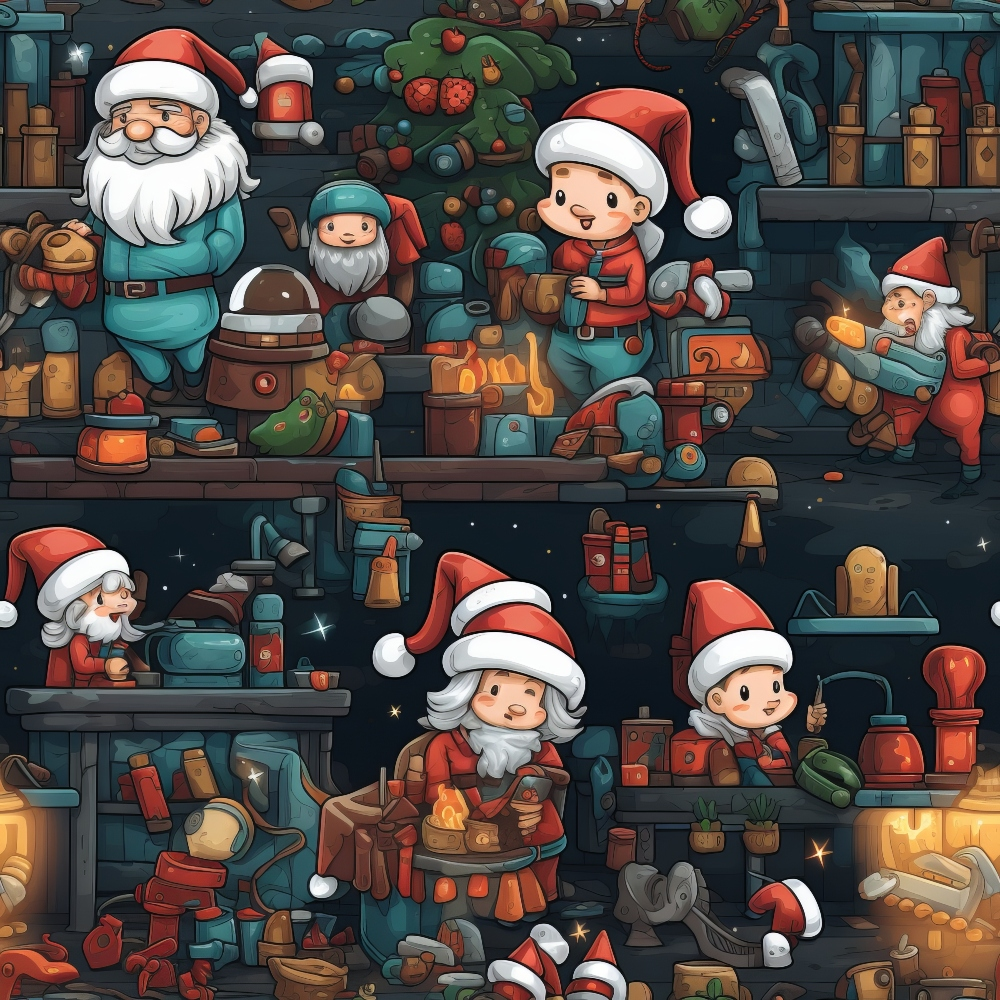 Illustration of Santa and elves busy in a workshop filled with toys, gifts, and tools. They work diligently in a festive, crowded setting, preparing for Christmas.