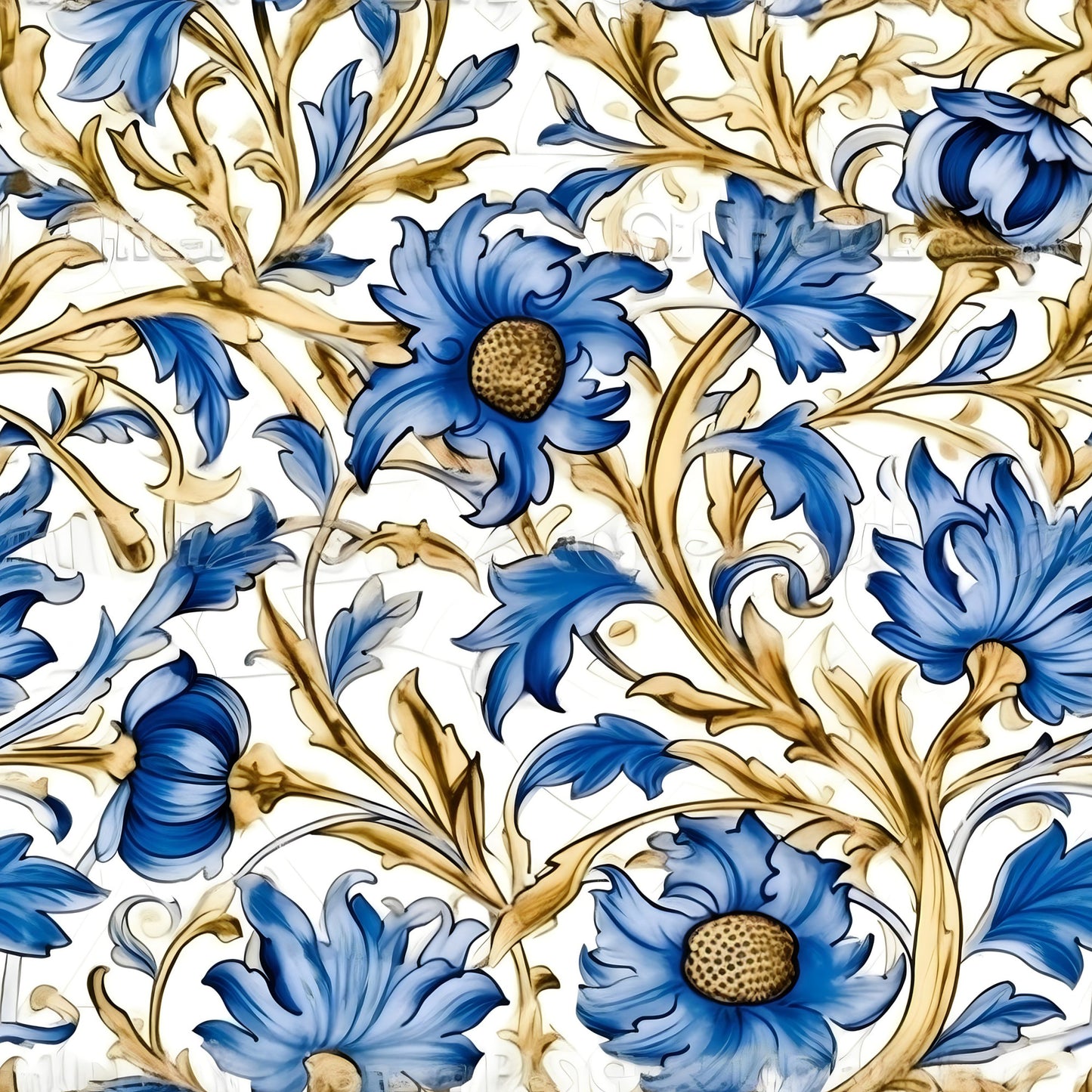 Sapphire Blue Flowers Pattern 1 Quilting Cotton Fabric