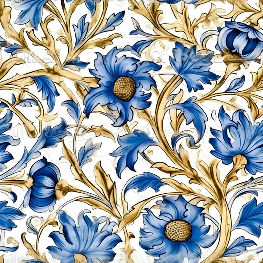 Sapphire Blue Flowers Pattern 1 Quilting Cotton Fabric