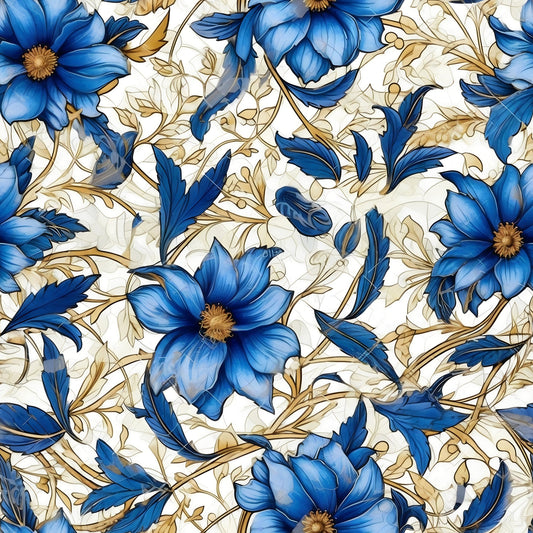 Sapphire Blue Flowers Pattern 3 Quilting Cotton Fabric