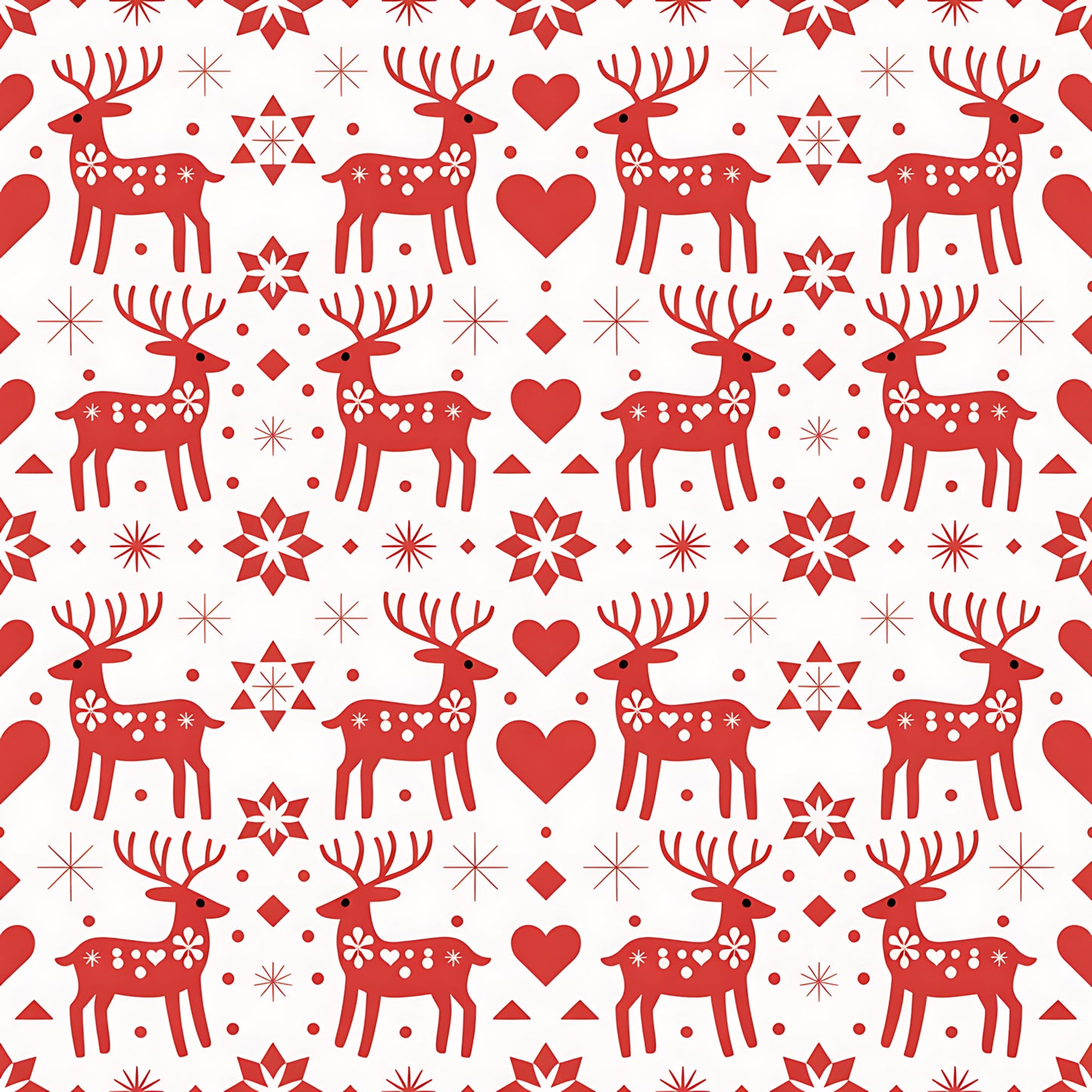 red, white, reindeer, deer, hearts, snowflakes, stars, geometric shapes, scandinavian folk, nordic design, christmas pattern, holiday motif, quilting cotton, fabric panel, repeating pattern, folk art style, winter theme, festive design, decorative elements, symmetrical layout