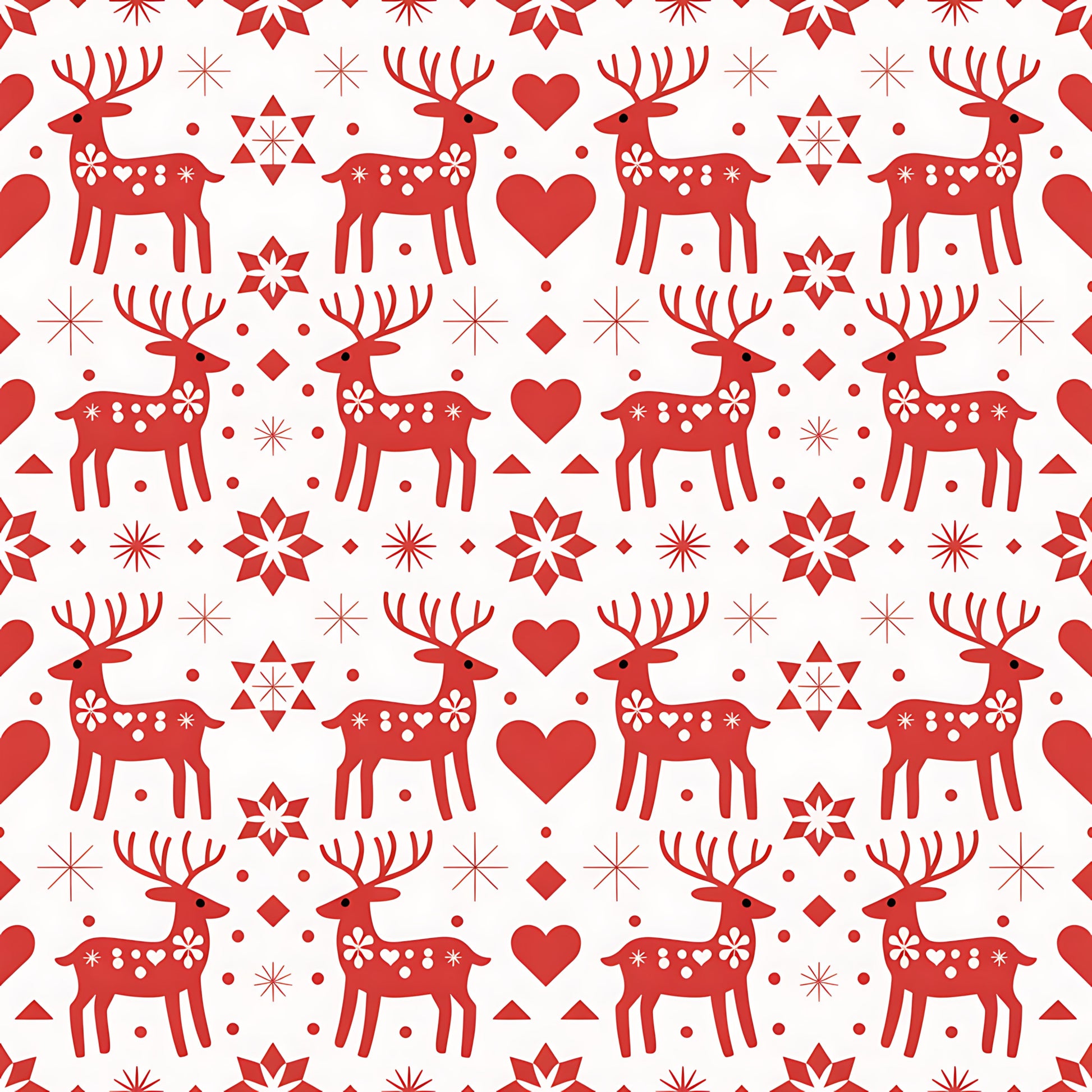red, white, reindeer, deer, hearts, snowflakes, stars, geometric shapes, scandinavian folk, nordic design, christmas pattern, holiday motif, quilting cotton, fabric panel, repeating pattern, folk art style, winter theme, festive design, decorative elements, symmetrical layout