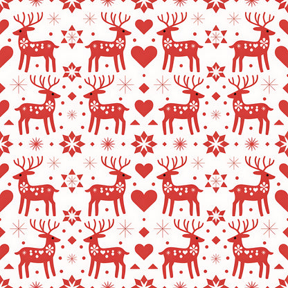 red, white, reindeer, deer, hearts, snowflakes, stars, geometric shapes, scandinavian folk, nordic design, christmas pattern, holiday motif, quilting cotton, fabric panel, repeating pattern, folk art style, winter theme, festive design, decorative elements, symmetrical layout