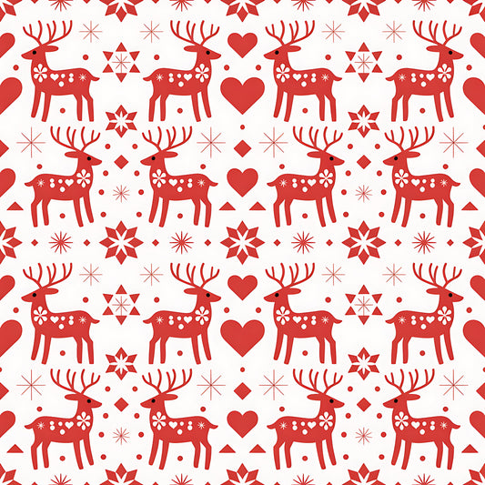 red, white, reindeer, deer, hearts, snowflakes, stars, geometric shapes, scandinavian folk, nordic design, christmas pattern, holiday motif, quilting cotton, fabric panel, repeating pattern, folk art style, winter theme, festive design, decorative elements, symmetrical layout